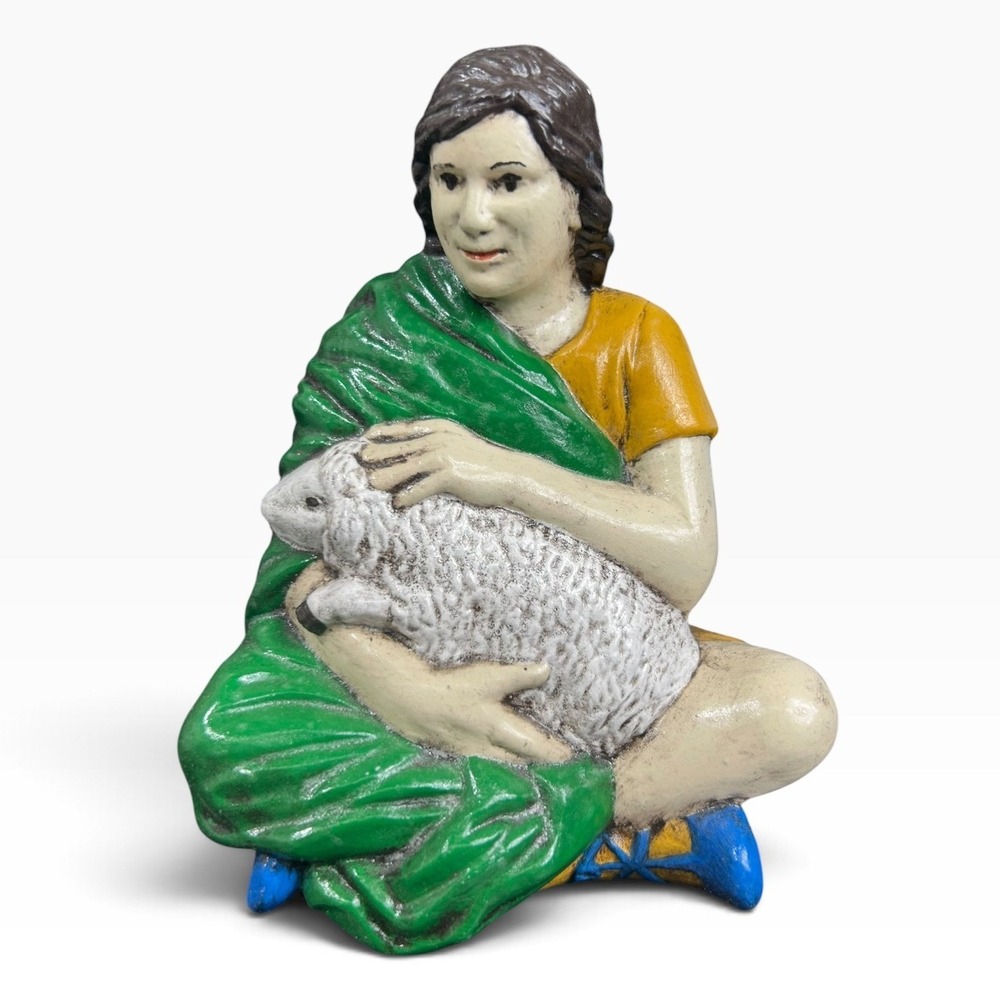 Vintage 1970s Holland Mold Handpainted Ceramic Nativity Shepherd Boy Lamb 4.5"